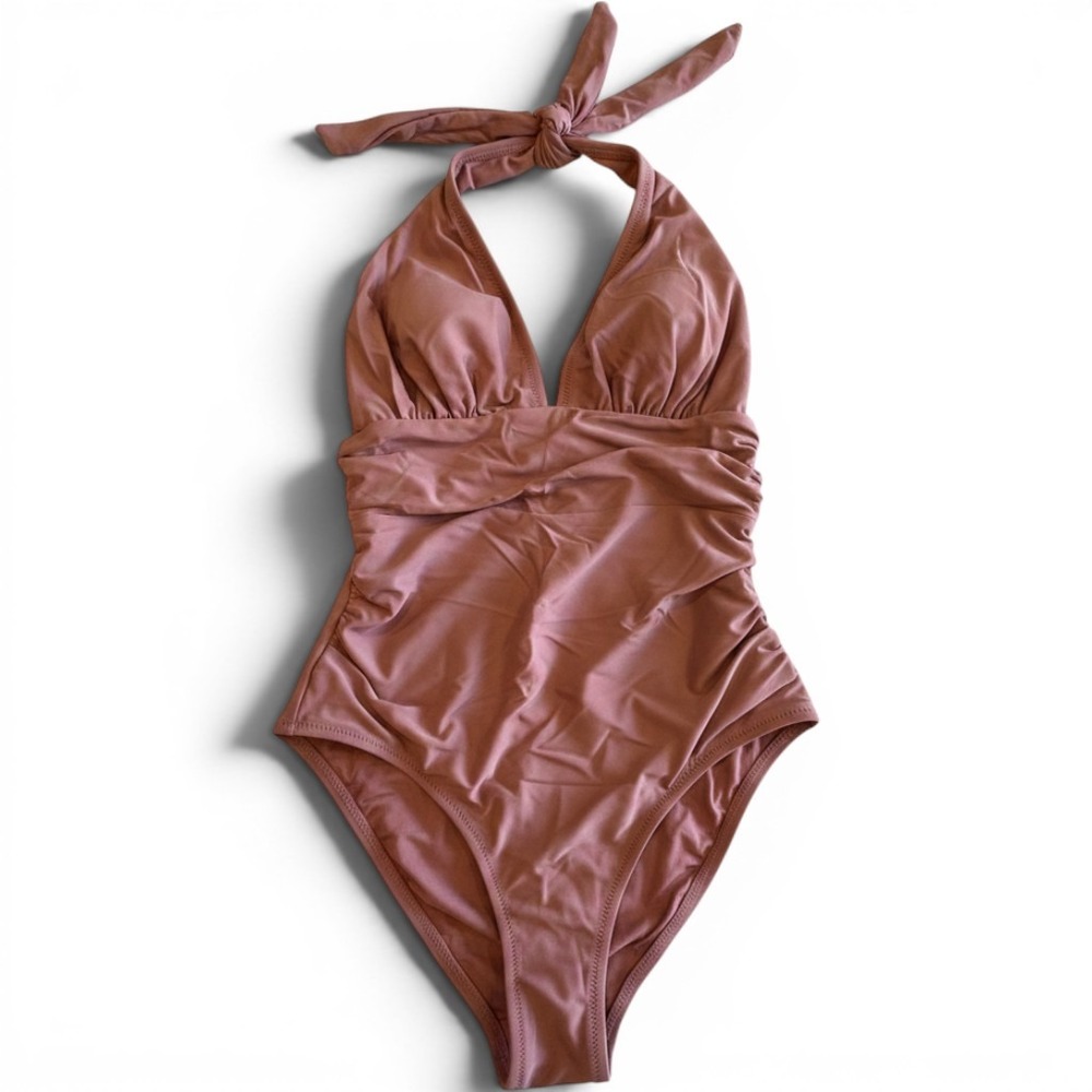Cupshe Womens Mauve Pink Ruched Halter V-Neck One Piece Swimsuit Size Small NWT